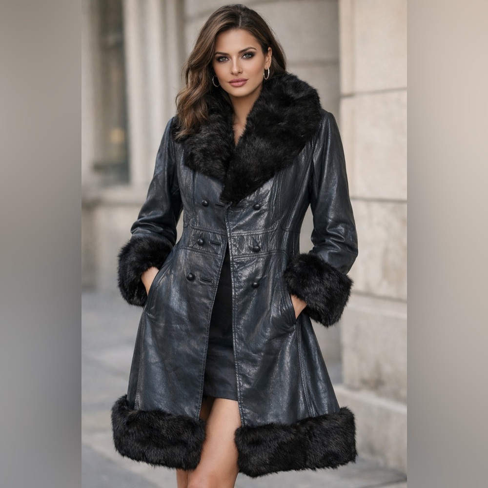 Vintage Genuine Leather & Fur Coat | Navy & Black | Luxe Statement Outerwear - Picture 1 of 8